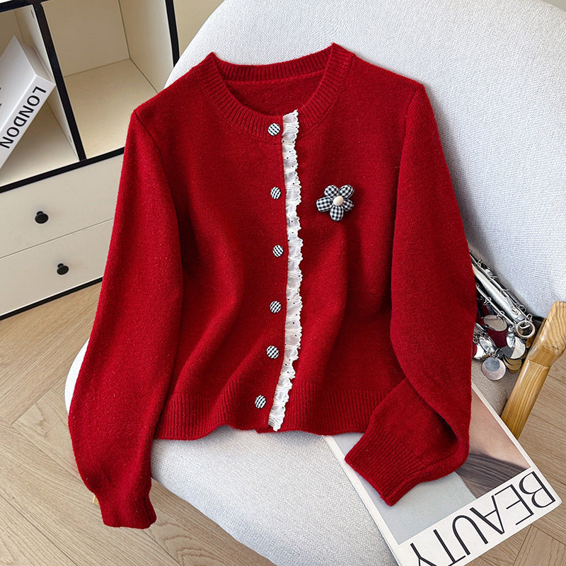 Fall Winter Ruffle Trim Long Sleeve Knit Sweater for Women