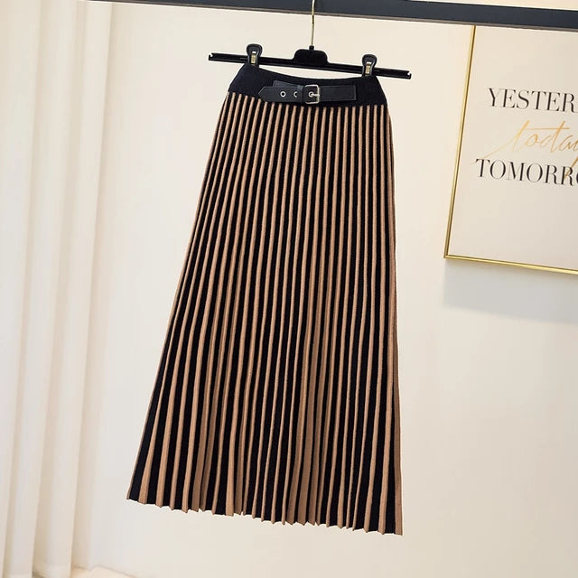 Slim Striped Knitted Midi Long For Women Fall Winter Thick Warm A Line Belt High Waist Mid-Length Skirt Female