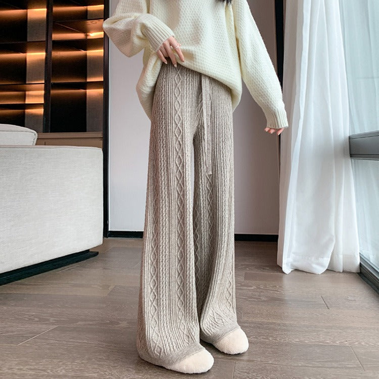 Knitted wide-leg trousers for women in fall and winter, waxy loose casual twist straight-leg floor mopping pants
