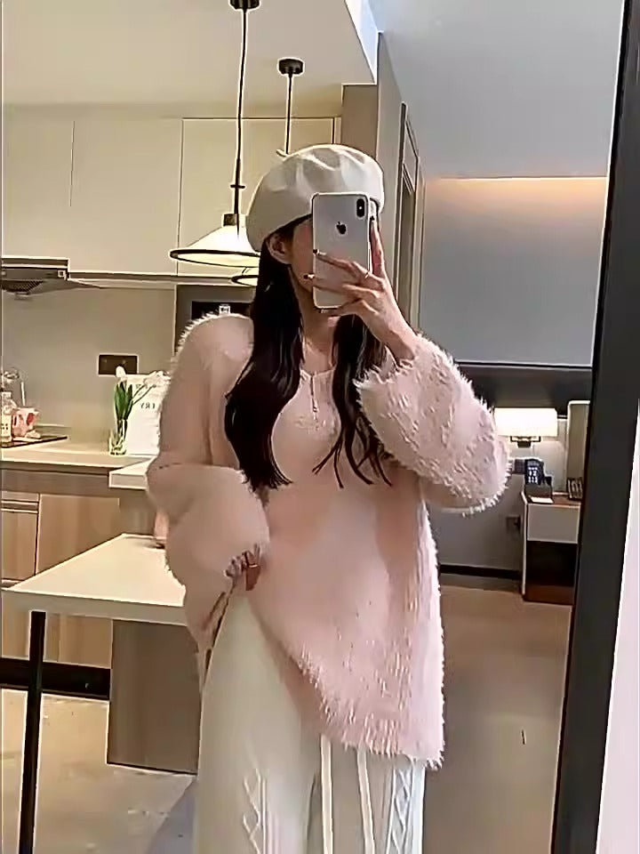 Knitted wide-leg trousers for women in fall and winter, waxy loose casual twist straight-leg floor mopping pants