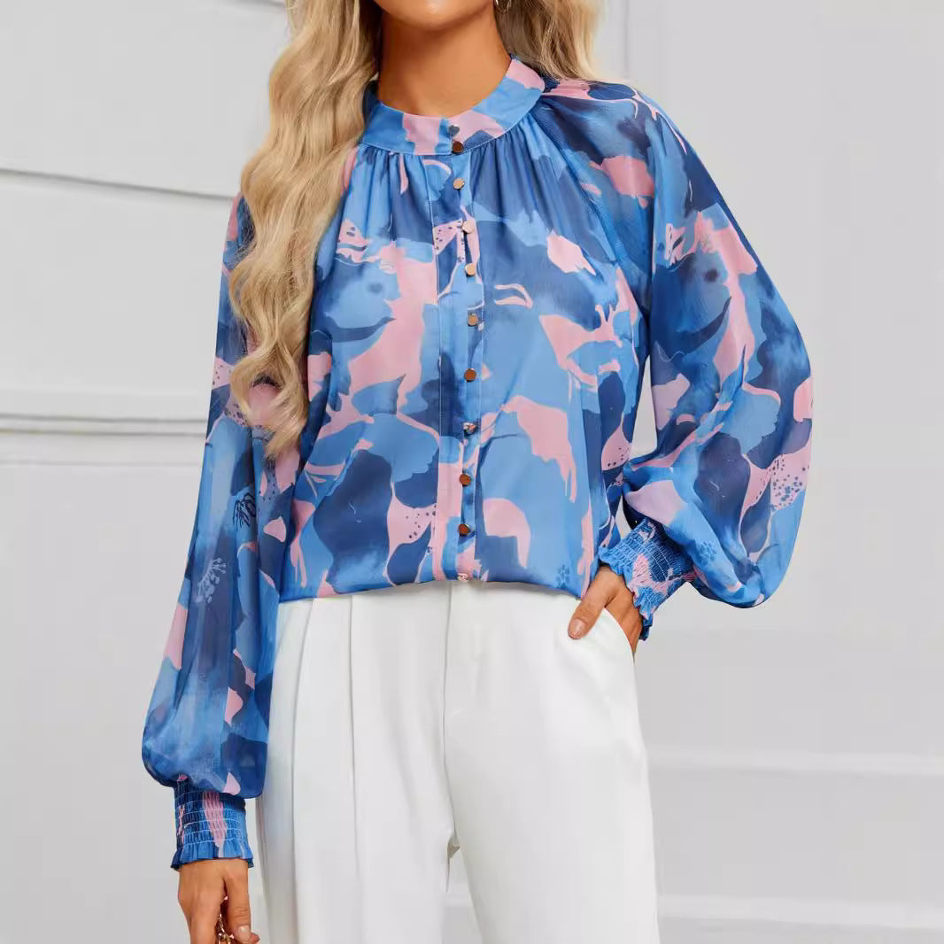 Fall  Loose Digital Print Lantern Sleeve Long Sleeve Shirt for Women