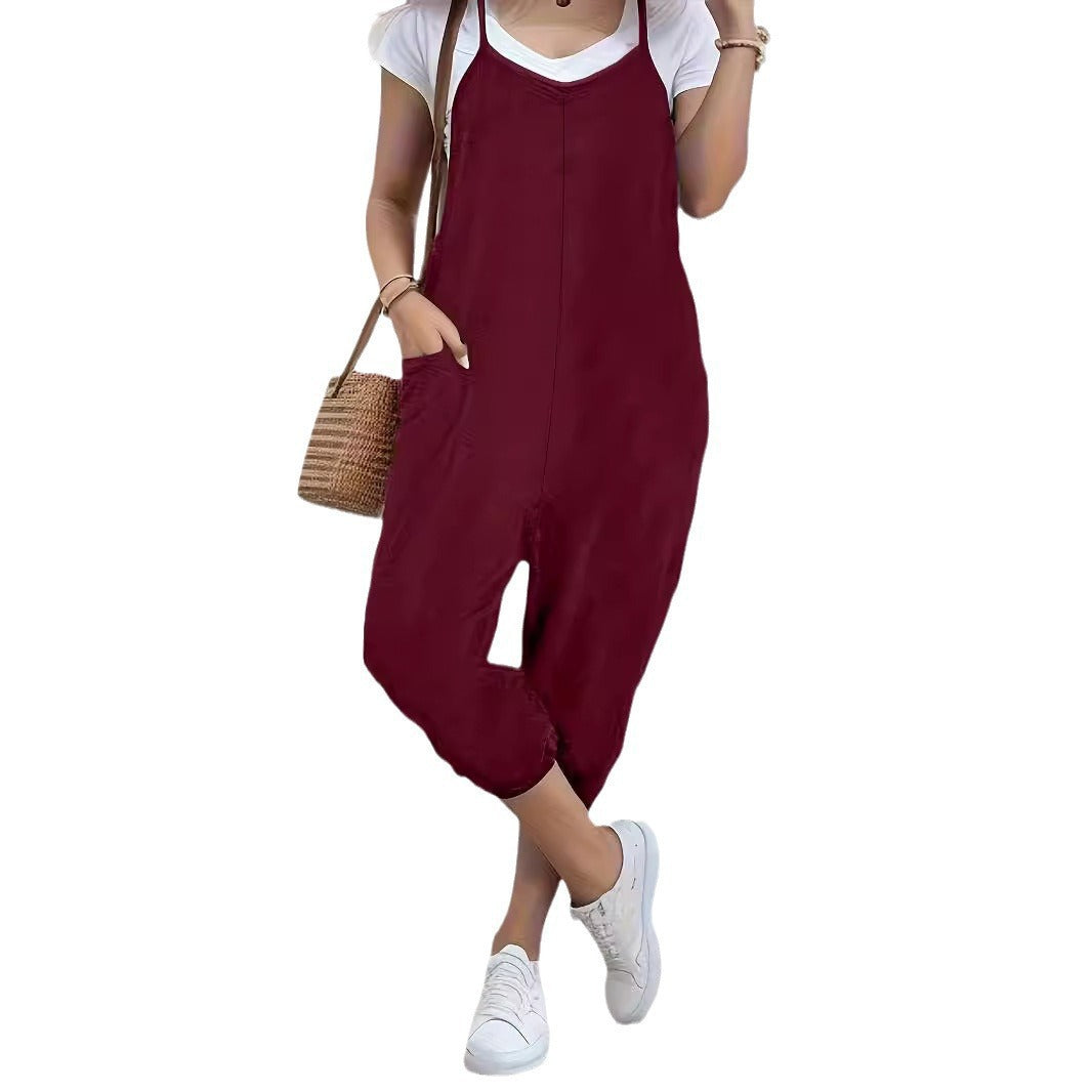 Fall New Pure Color Pocket Strap Long Pants Loose Casual Jumpsuit Women Overalls