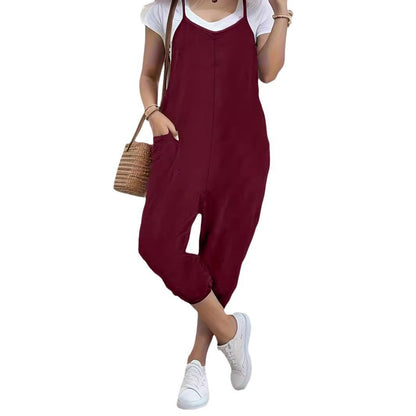 Fall New Pure Color Pocket Strap Long Pants Loose Casual Jumpsuit Women Overalls