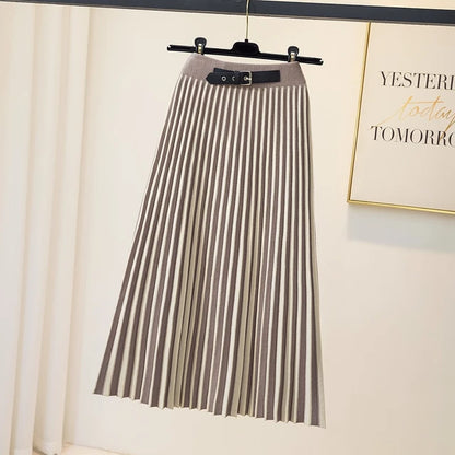 Slim Striped Knitted Midi Long For Women  Fall Winter Thick Warm A Line Belt High Waist Mid-Length Skirt Female