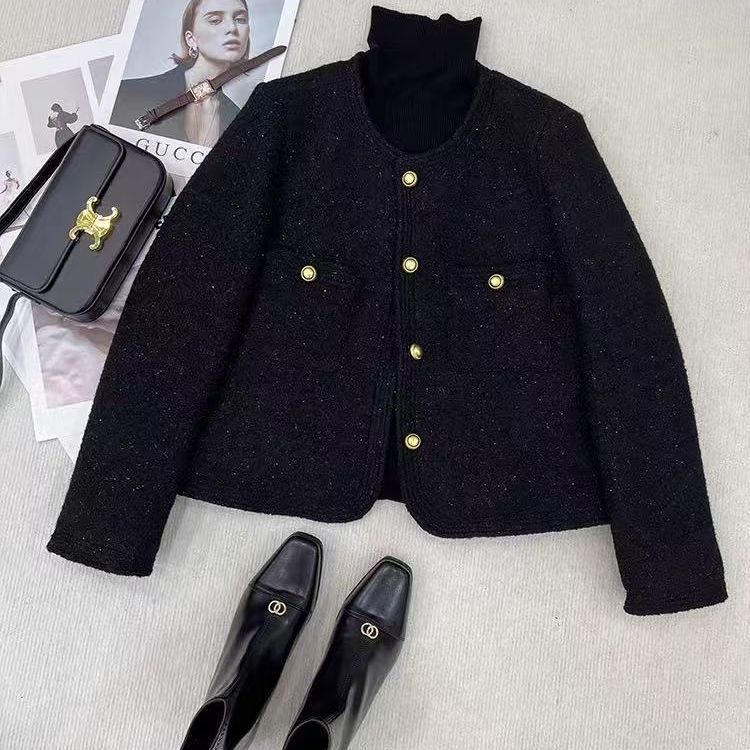 Fall Winter New Design Black Elegant Chic Short Coat for Women, Padded Thickened Top Fashion