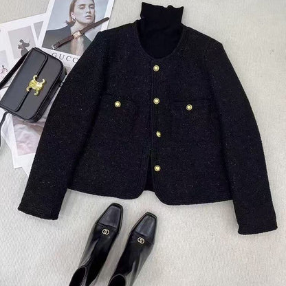 Fall Winter New Design Black Elegant Chic Short Coat for Women, Padded Thickened Top Fashion