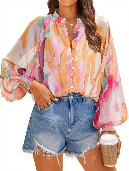 Fall  Loose Digital Print Lantern Sleeve Long Sleeve Shirt for Women