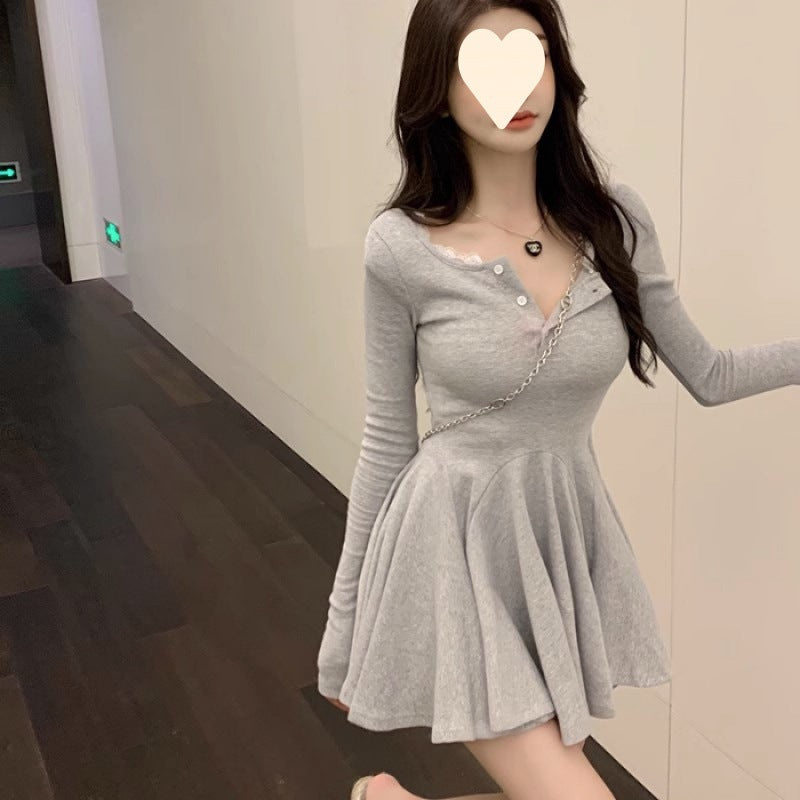 Pure Black Long Sleeve Dress for Women, Sexy French Chic, Fitted Waist, Puffy Skirt, Fall and Winter