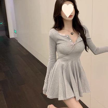 Pure Black Long Sleeve Dress for Women, Sexy French Chic, Fitted Waist, Puffy Skirt, Fall and Winter