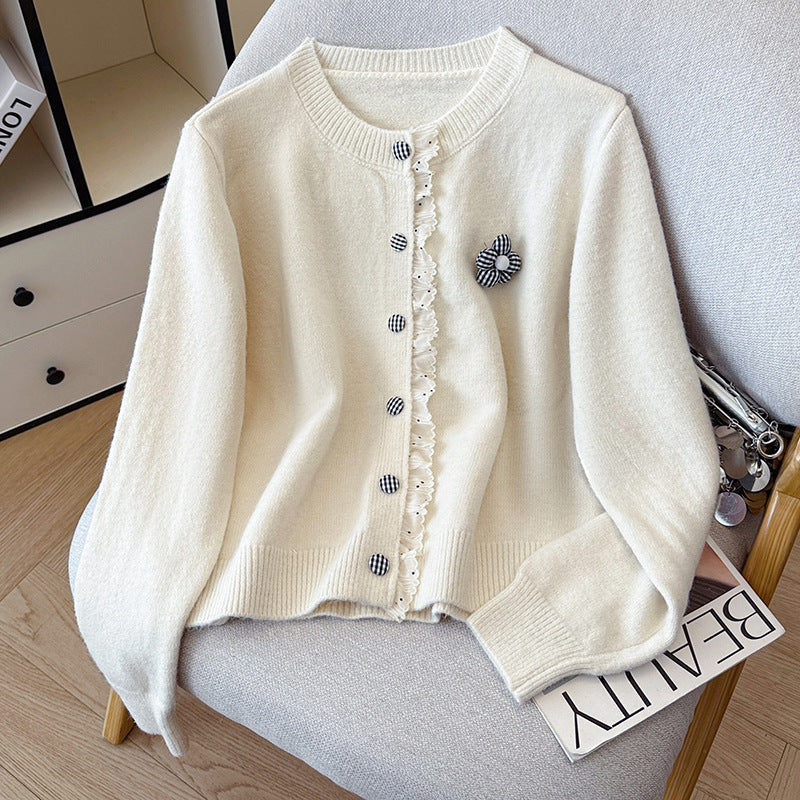 Fall Winter Ruffle Trim Long Sleeve Knit Sweater for Women