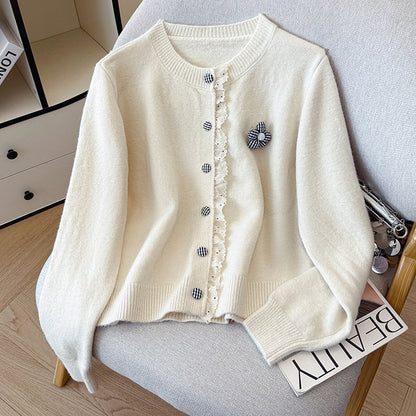 Fall Winter Ruffle Trim Long Sleeve Knit Sweater for Women