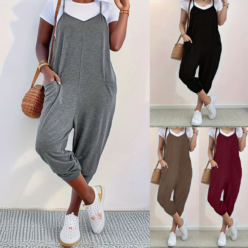 Fall New Pure Color Pocket Strap Long Pants Loose Casual Jumpsuit Women Overalls