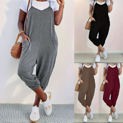 Fall New Pure Color Pocket Strap Long Pants Loose Casual Jumpsuit Women Overalls