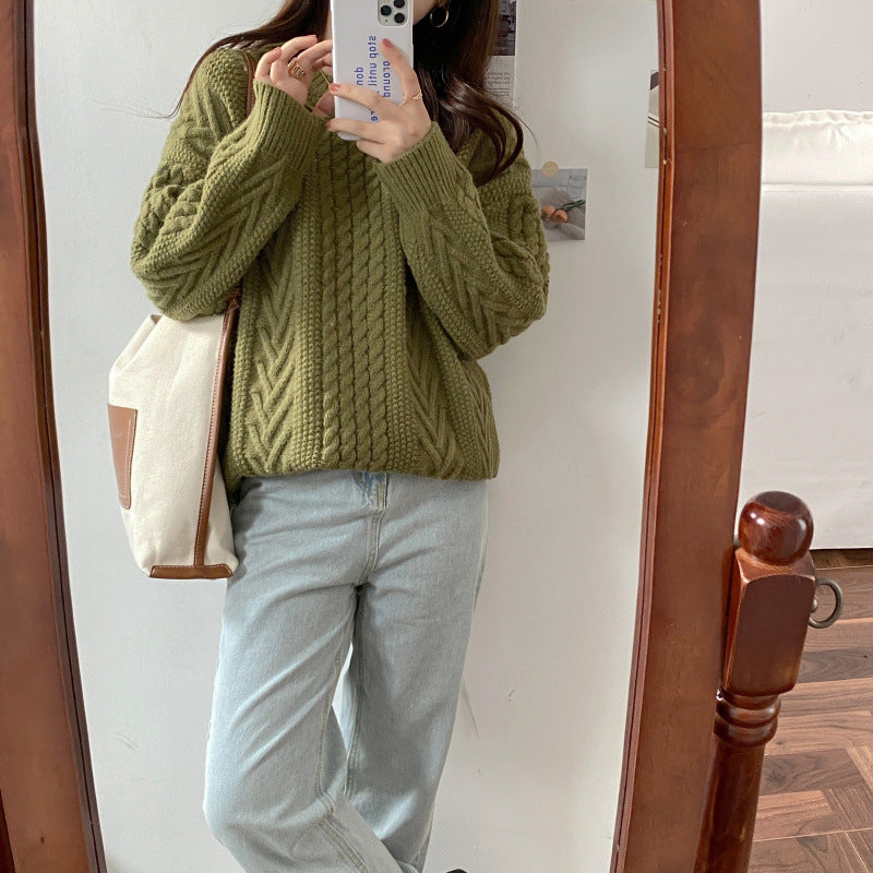 Fall and Winter Heavy Knit Cable Knit Solid Color Sweater for Women