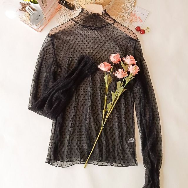 New Transparent Korean Loose Women Lace Blouse 3 Colors Female Bottoming Blouses S-3XL Size Cheaper Tops Kawaii T Shirt