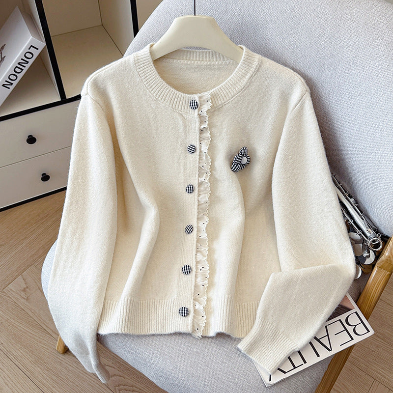 Fall Winter Ruffle Trim Long Sleeve Knit Sweater for Women