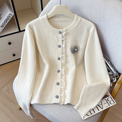 Fall Winter Ruffle Trim Long Sleeve Knit Sweater for Women