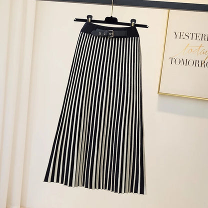 Slim Striped Knitted Midi Long For Women  Fall Winter Thick Warm A Line Belt High Waist Mid-Length Skirt Female