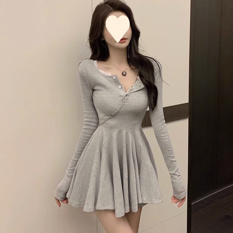Pure Black Long Sleeve Dress for Women, Sexy French Chic, Fitted Waist, Puffy Skirt, Fall and Winter