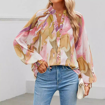 Fall  Loose Digital Print Lantern Sleeve Long Sleeve Shirt for Women