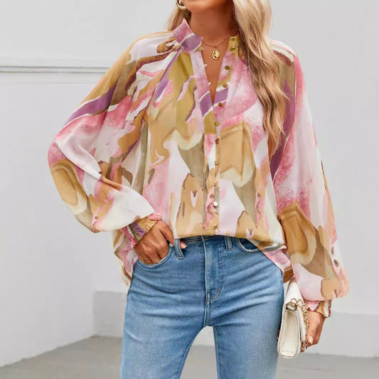 Fall  Loose Digital Print Lantern Sleeve Long Sleeve Shirt for Women