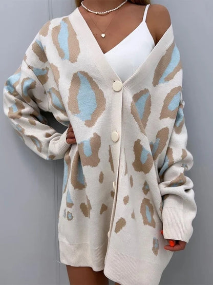Loose Leopard Print Cardigan For Women Knitted V Neck Trend Fall Winter Casual Comfort Daily Mid Length Sweater Jacket