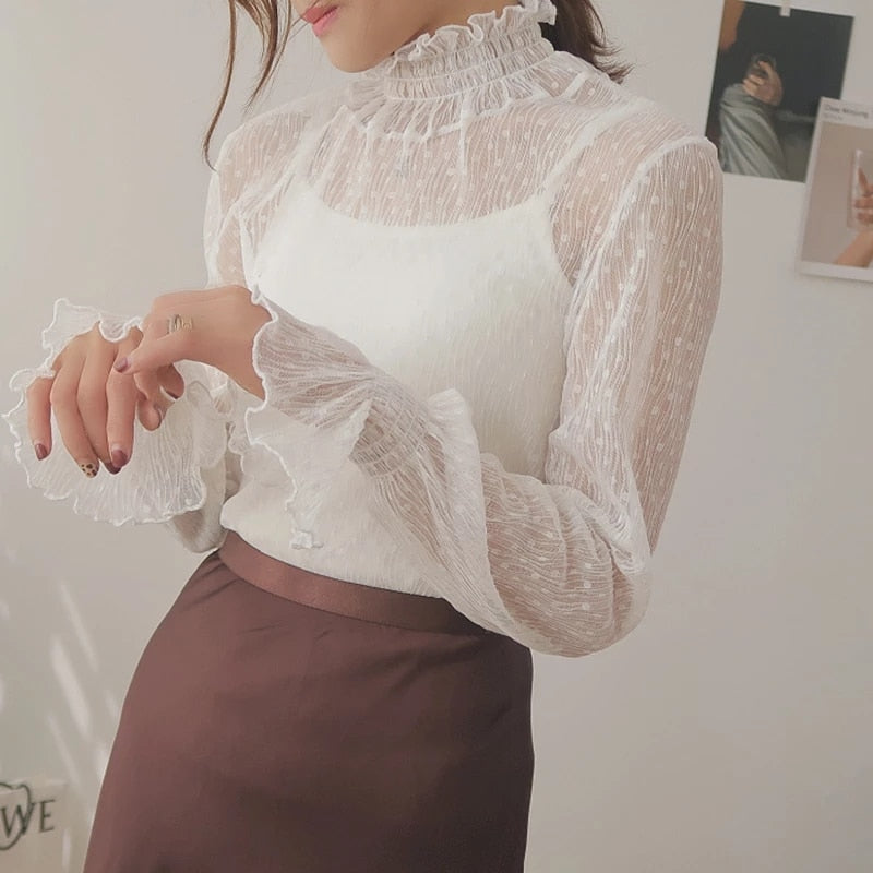 New Transparent Korean Loose Women Lace Blouse 3 Colors Female Bottoming Blouses S-3XL Size Cheaper Tops Kawaii T Shirt
