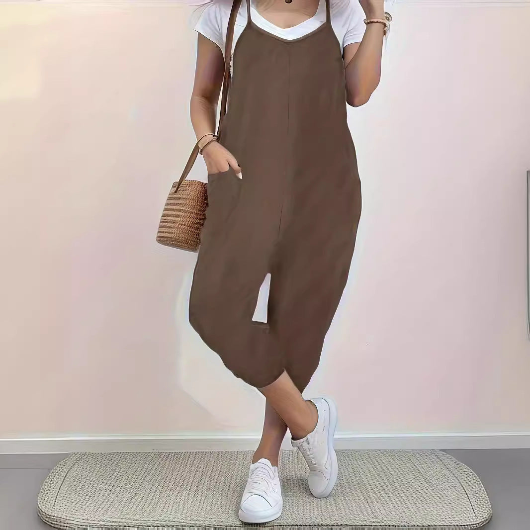 Fall New Pure Color Pocket Strap Long Pants Loose Casual Jumpsuit Women Overalls