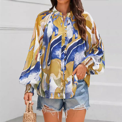 Fall  Loose Digital Print Lantern Sleeve Long Sleeve Shirt for Women