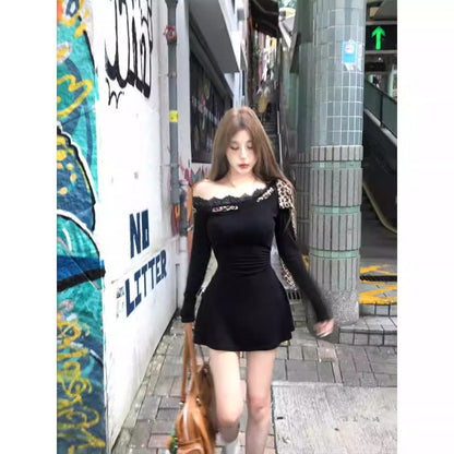 Chic Asymmetrical Shoulder Dress for Women, Sexy Fall Black Fitted Bodycon Mini Dress