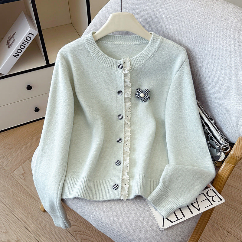 Fall Winter Ruffle Trim Long Sleeve Knit Sweater for Women