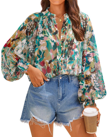 Fall  Loose Digital Print Lantern Sleeve Long Sleeve Shirt for Women