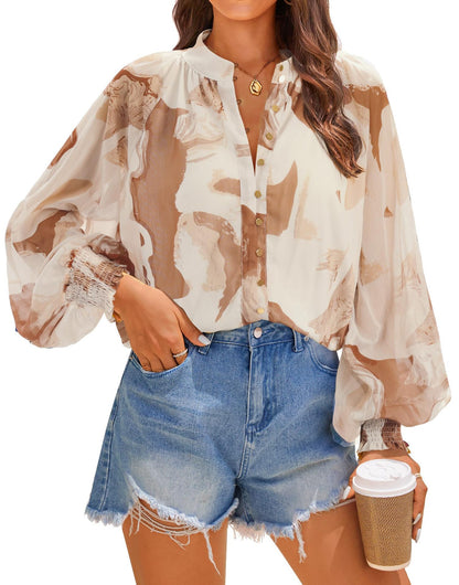Fall  Loose Digital Print Lantern Sleeve Long Sleeve Shirt for Women