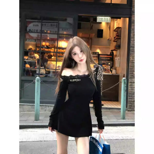Chic Asymmetrical Shoulder Dress for Women, Sexy Fall Black Fitted Bodycon Mini Dress