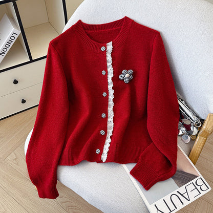 Fall Winter Ruffle Trim Long Sleeve Knit Sweater for Women