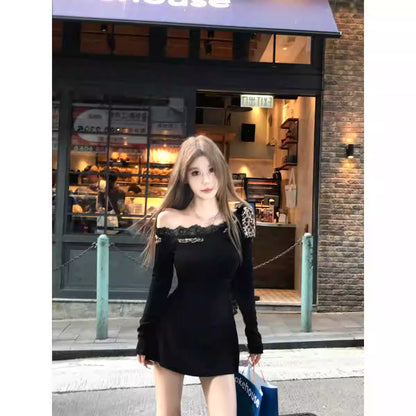 Chic Asymmetrical Shoulder Dress for Women, Sexy Fall Black Fitted Bodycon Mini Dress