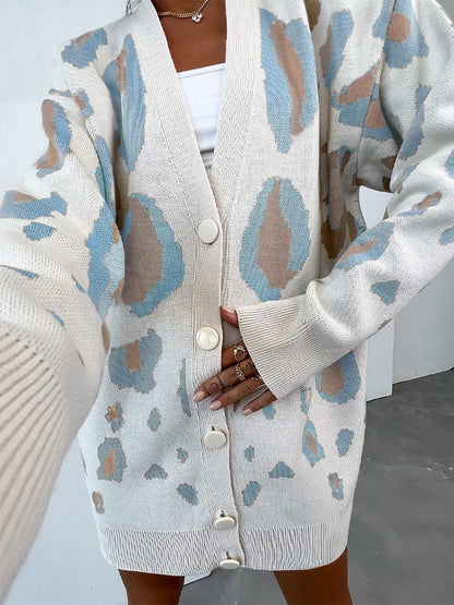 Loose Leopard Print Cardigan For Women Knitted V Neck Trend Fall Winter Casual Comfort Daily Mid Length Sweater Jacket