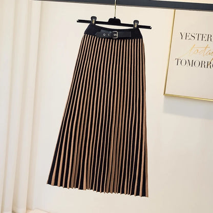 Slim Striped Knitted Midi Long For Women  Fall Winter Thick Warm A Line Belt High Waist Mid-Length Skirt Female