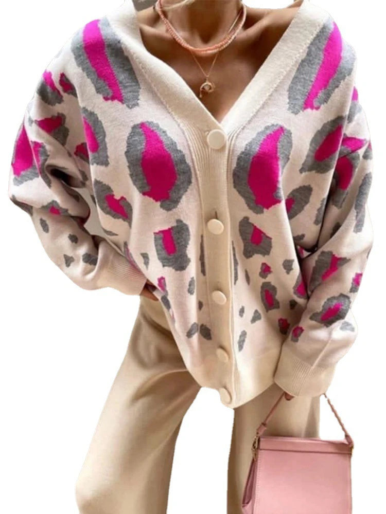 Loose Leopard Print Cardigan For Women Knitted V Neck Trend Fall Winter Casual Comfort Daily Mid Length Sweater Jacket