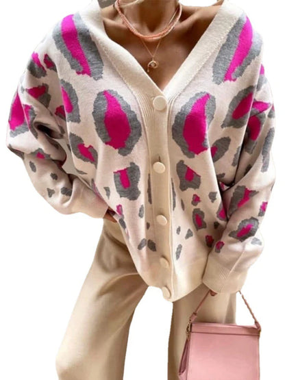 Loose Leopard Print Cardigan For Women Knitted V Neck Trend Fall Winter Casual Comfort Daily Mid Length Sweater Jacket