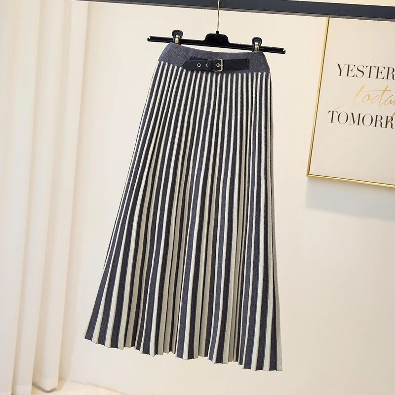 Slim Striped Knitted Midi Long For Women  Fall Winter Thick Warm A Line Belt High Waist Mid-Length Skirt Female