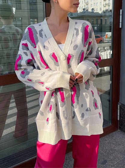 Loose Leopard Print Cardigan For Women Knitted V Neck Trend Fall Winter Casual Comfort Daily Mid Length Sweater Jacket