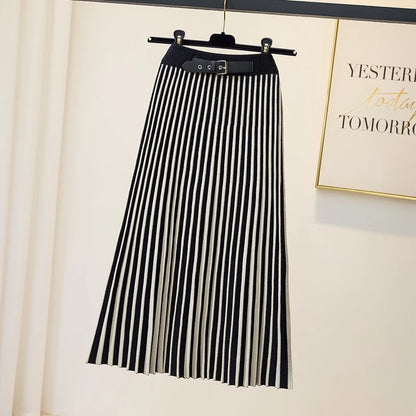 Slim Striped Knitted Midi Long For Women  Fall Winter Thick Warm A Line Belt High Waist Mid-Length Skirt Female