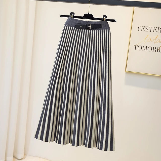 Slim Striped Knitted Midi Long For Women  Fall Winter Thick Warm A Line Belt High Waist Mid-Length Skirt Female