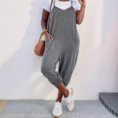Fall New Pure Color Pocket Strap Long Pants Loose Casual Jumpsuit Women Overalls