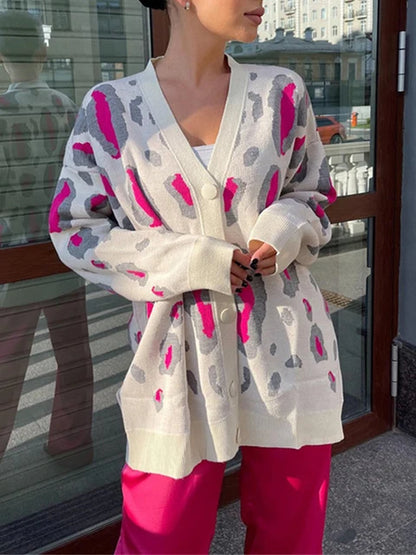 Loose Leopard Print Cardigan For Women Knitted V Neck Trend Fall Winter Casual Comfort Daily Mid Length Sweater Jacket