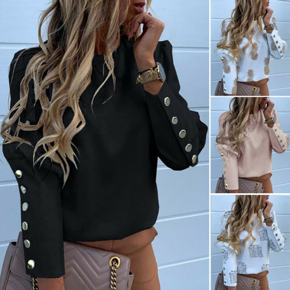 2020 Work Wear Women Blouses Long Sleeve Back Metal Buttons Shirt Casual O Neck Printed Plus Size Tops Fall Blouse Drop Shipping