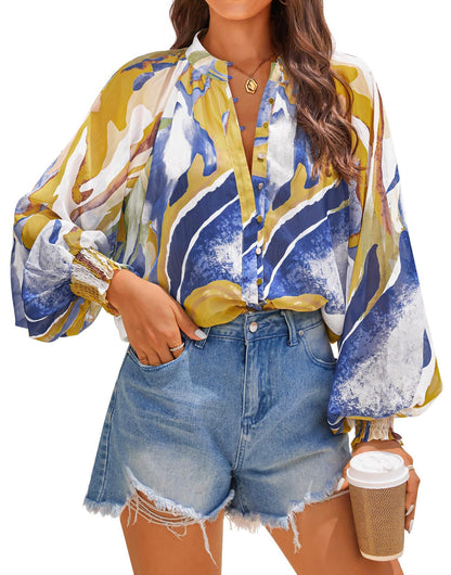 Fall  Loose Digital Print Lantern Sleeve Long Sleeve Shirt for Women