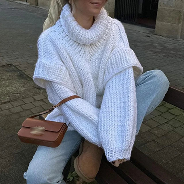 Women Casual Warm Winter Thick Sweater Fall Elegant Turtleneck Solid Knitted Jumper Femme Fashion Long Sleeve Loose Pullover Top