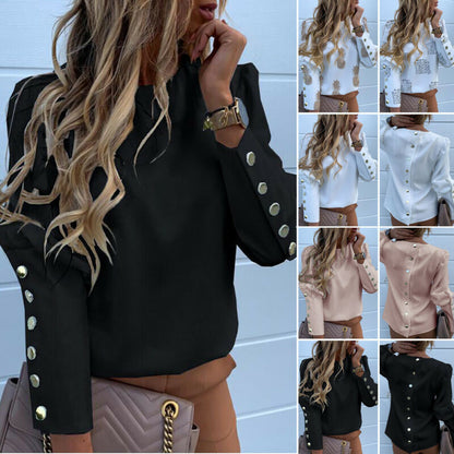 2020 Work Wear Women Blouses Long Sleeve Back Metal Buttons Shirt Casual O Neck Printed Plus Size Tops Fall Blouse Drop Shipping
